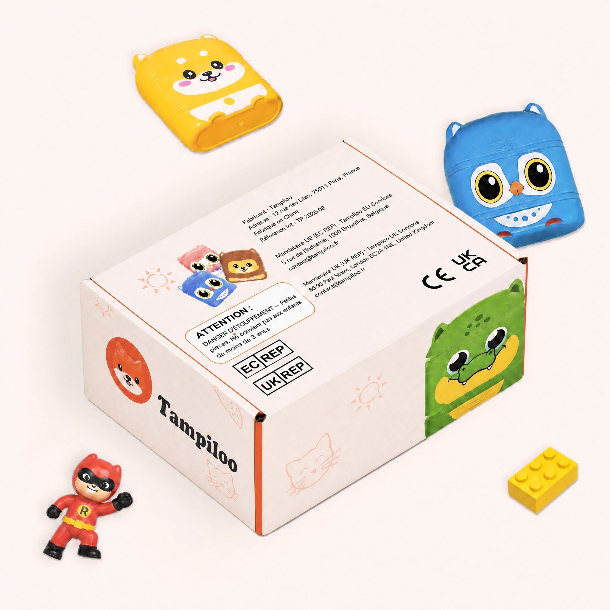 Emballage du tampon pour vêtements enfant Tampiloo avec informations produit et garantie