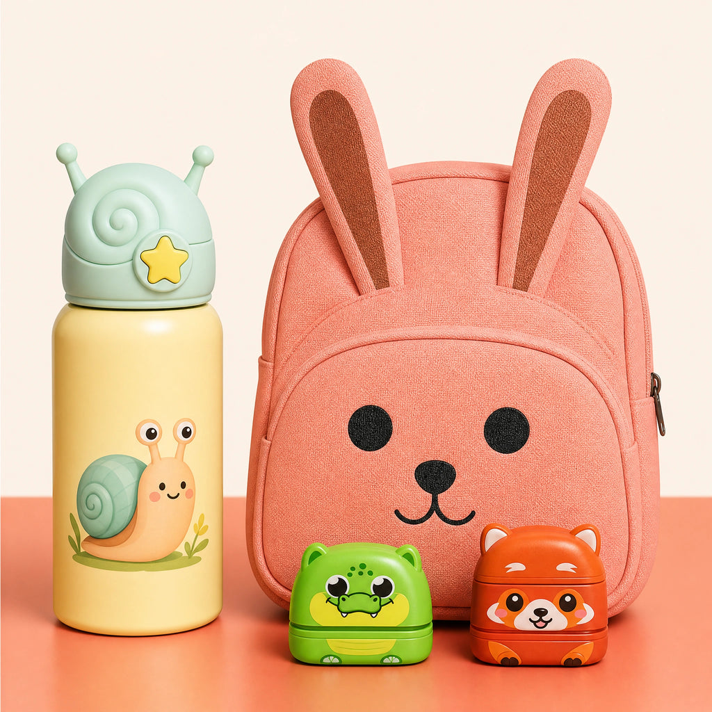 Tampon pour vêtements enfant Tampiloo avec accessoires de rentrée scolaire — gourde et sac à dos