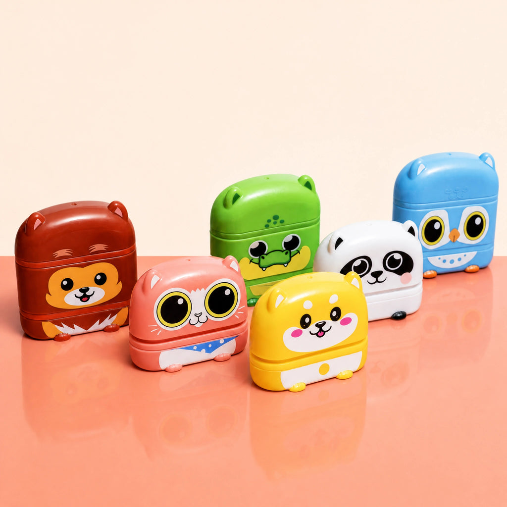 Tampons nominatifs Tampiloo pour vêtements enfant — collection de 6 animaux (renard, chat, crocodile, panda, chien, hibou)